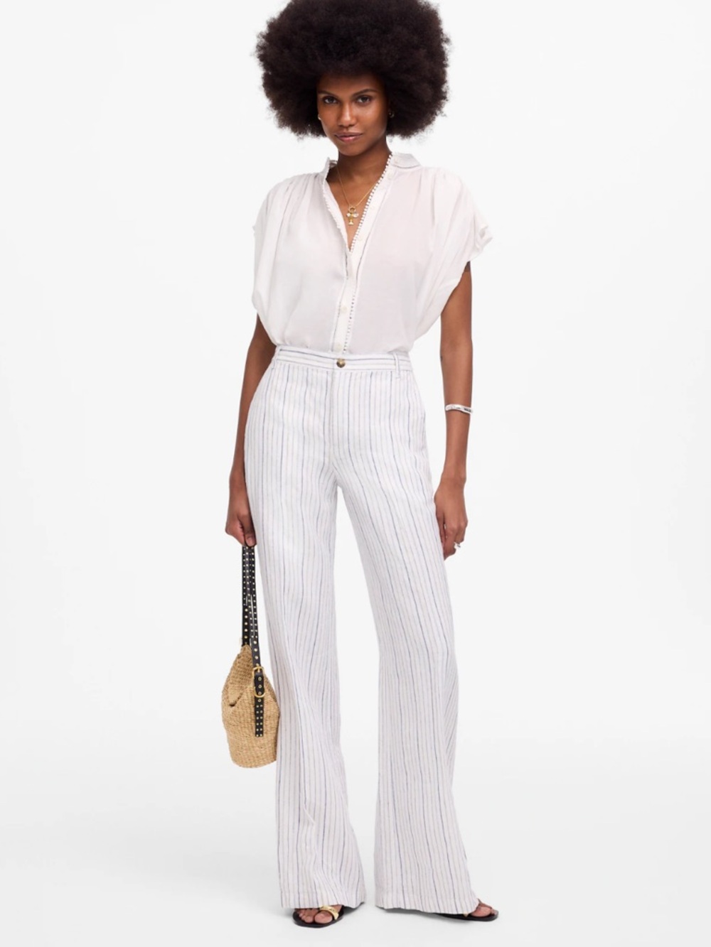 NWT Madewell The Zoe Relaxed Wide Pant in 100% linen w light stripes